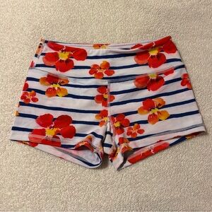 Savage Barbell Hibiscus Floral Striped Booty Shorts Athletic White Blue Orange